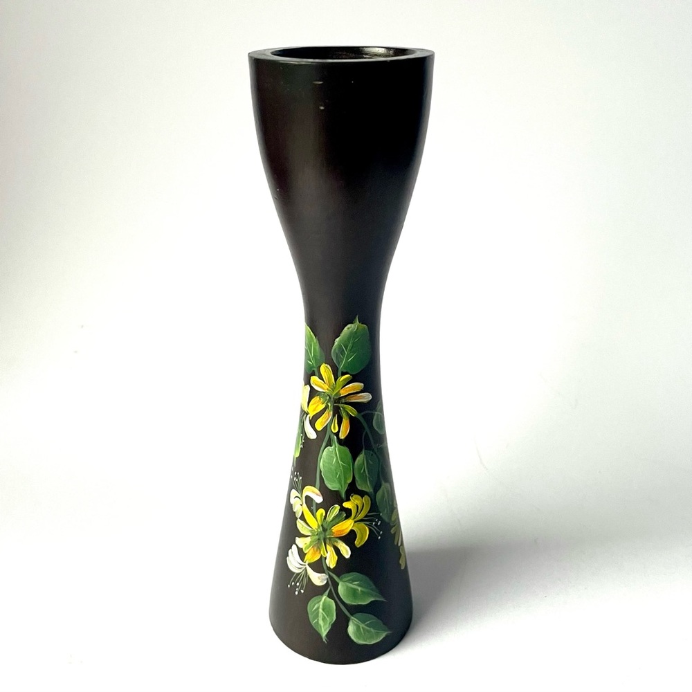 Hand Painted Floral Wood Candle Holder - Yellow Flowers